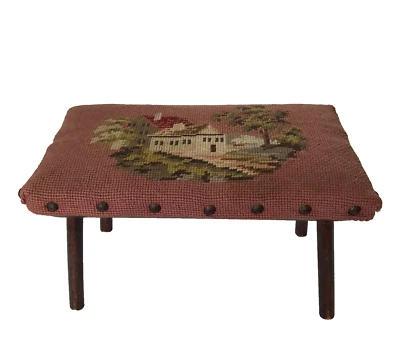 Hand Needlepoint Footstool Ottoman Wooden Foot Rest Country House Needs TLC - Image 1 of 4