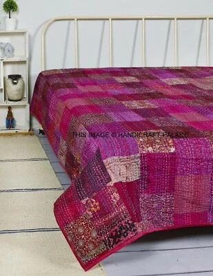 Colcha de 60"x90" hecha a mano vintage de seda con retazos Kantha bordados Foto 1 de 3