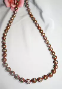 STUNNING VINTAGE 30" CLOISONNE' ENAMEL NECKLACE - KNOTTED - BROWN 10.5 MM BEADS - Picture 1 of 1