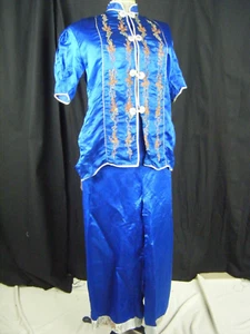 Vintage 50-60s Oriental Royal Blue Silk Pajamas Pant Set-Bust 36/Waist 24/XS - Picture 1 of 8