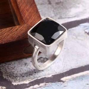 Sterling Silver With Black Onyx Ring 12x12mm Cushion Shape Gemstone Ring Jewelry - Picture 1 of 3