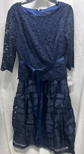 Alex Evenings Women's Tea-Length A-Line Dress with Tie Belt, Navy, Size 10 P - Picture 1 of 4