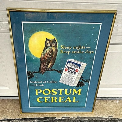 Fantastic Postum Cereal Coffee Substitute Advertising Sign 1920 CW Post Owl Wow! - Image 1 of 4
