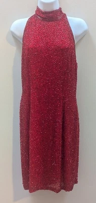 Silk Blacktie Oleg Cassini Vintage Cocktail Mini Dress Red Beaded Size 6 Party - Image 1 of 4