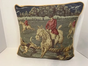 Vintage Wandteppich Fuchsjagd Reitsport 16x16 Kissen gelb gold Rücken - Bild 1 von 5