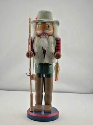 Wooden Fisherman Nutcracker 10” Fishing Rod Fish Christmas Decor Man Cave - Image 1 of 3