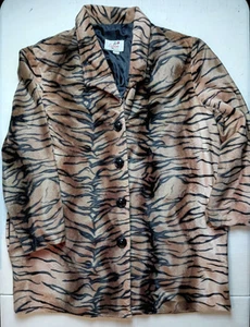 Caron Jacket Womens Size 16 Brown Tiger Stripe Faux Fur Animal Print 90s Vintage - Picture 1 of 15