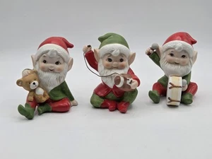 Vintage 3 Ceramic Homco Elves Santa Elf W/bear, Drum & Football - Picture 1 of 17