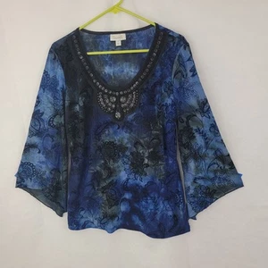 DRESSBARN Damen Shirt Gr. LARGE Samt Burnout Batik Perlen Whimsigoth Fee - Bild 1 von 14