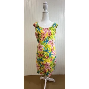 Tommy Hilfiger Hawaiian tropical Dress Stretch Yellow floral cap sleeve Sz8 - Picture 1 of 9
