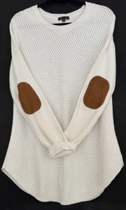 White Cotton Knit Fisherman Sweater XL Suede Elbow Patch Coastal Cozy Fall - Picture 1 of 10