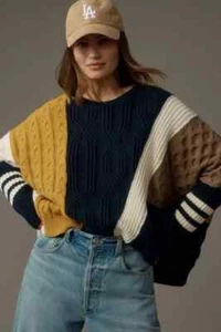 ANTHROPOLOGIE x MAEVE Sweater Size S Blue Colorblock Striped Cableknit Chunky - Picture 1 of 17