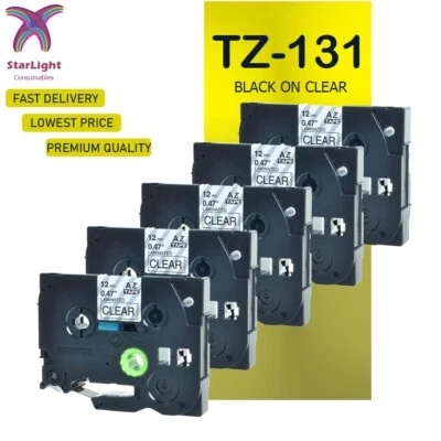 5 Label Tape Black on Clear Compatible With Brother TZ131 PT-D800W E100VP E110VP - Image 1 of 4