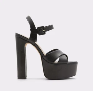 Camelia by ALDO Black REAL leather ankle strap platform 6" block heels, SZ 7.5 - Picture 1 of 6