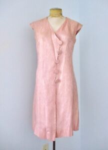 Vtg 60s Mod Pink Sparkly Gold Metallic Wavy Brocade Coat Dress Button Loops L/XL