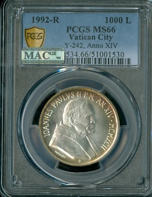 1992 R VATICAN SILVER 1000 LIRE JOHN PAUL II  XIV PCGS MS66 MAC SPOTLESS - Image 1 of 2