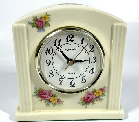 Vintage 6" Cream Porcelain Ingraham Battery Quartz Desk Table Top Clock WORKS Cover