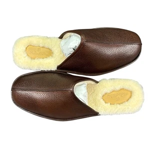 Brooks Brothers Leather Slippers US Mens 13 Brown Shearling Wool Scuff Luxury - Picture 1 of 12