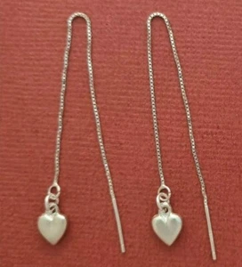 Sterling Silver Heart Earrings Threaders love dangle drop Solid 925 Threads - Picture 1 of 4