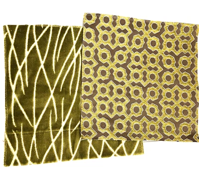 Lot 2 Velvet Geometric Fabric Designer Samples 12" Sq. Olive Green Brown NWT - Image 1 of 4