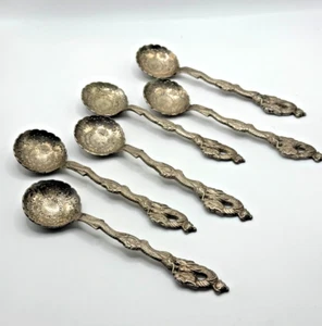 Set of 6 Japanese 84 Silver Spoons Dragon Handles Floral Repoussé Moji Marked - Picture 1 of 9