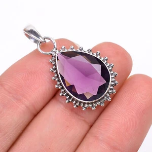 Purple Amethyst Gemstone 925 Sterling Silver Jewelry Pendant, Handmade Pendant - Picture 1 of 4