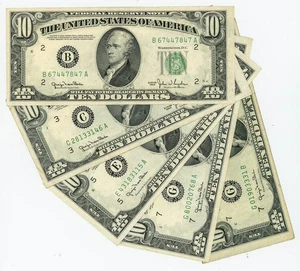 FR#2010 $10 1950 (5) Five Federal Reserve Notes Assorted Districts DC-6104 - Picture 1 of 3