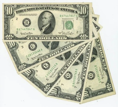 FR#2010 $10 1950 (5) Five Federal Reserve Notes Assorted Districts DC-6104 - Image 1 of 3