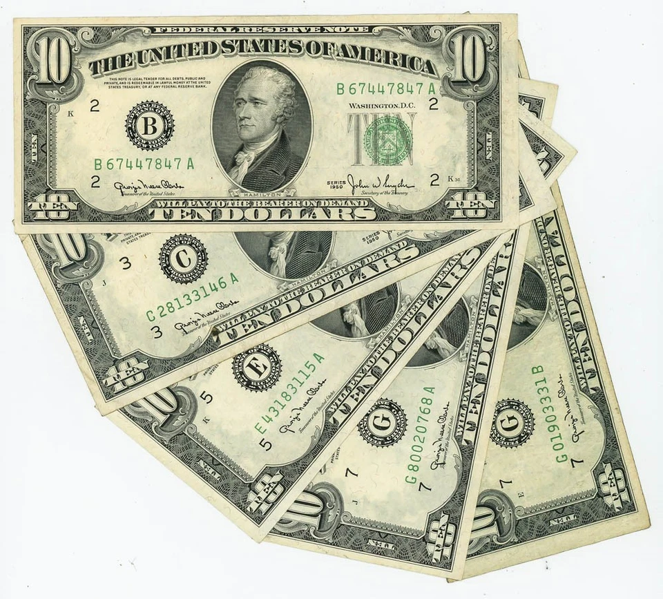 FR#2010 $10 1950 (5) Five Federal Reserve Notes Assorted Districts DC-6104 - Image 1 of 3