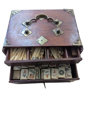 Maj Jong Set Antique Bamboo Antique Counters Dice Wooden Box Brass Fittings - Image 1 of 4