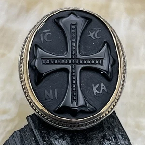 Konstantino Sterling Silver 18k Gold Carved Cross Design Onyx Gem Engraved Ring - Picture 1 of 14
