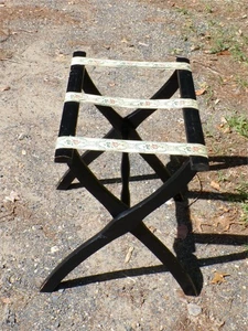 Vintage Scheibe Wooden Embroidered Straps Folding Luggage Rack Suitcase Stand - Picture 1 of 12