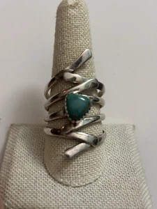 Sterling Silver Modernist Brutalist Turquoise Bypass Ring Size 10 - Foto 1 di 6