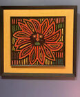 African Boho Hand Stitched Framed, Quilted, Sun, Lion Fabric Art Textile Collage