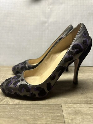 Zapatos de salón Prada tacón alto gamuza cuero leopardo peltre negro púrpura 39,5 Foto 1 de 4