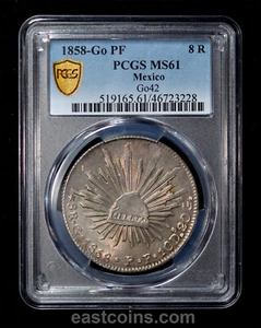 PCGS MS61 1858-Go PF MEXICO 8 Reales, Guanajuato Mint. KM-377.8; DP-Go42. - Picture 1 of 4