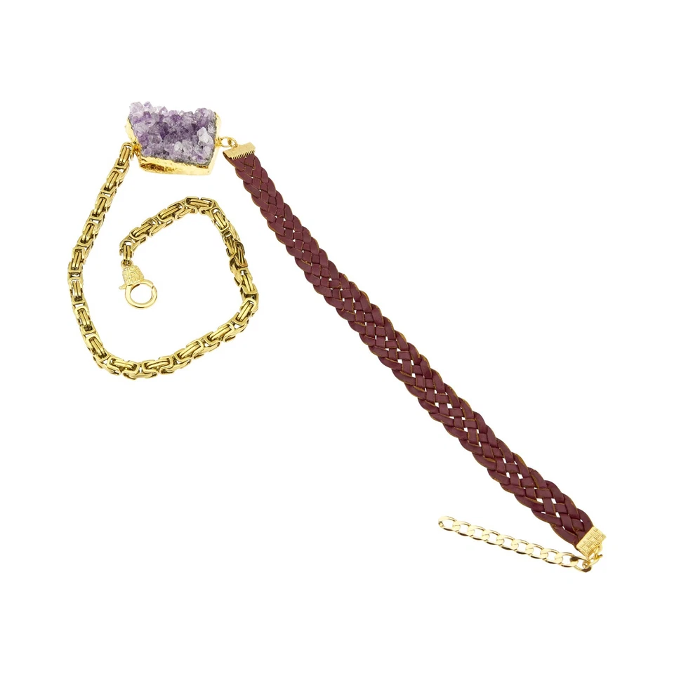 Pulsera de amatista hecha a mano con cadena de sujetadores chapados en oro de 24 quilates y cuero real Foto 1 de 2
