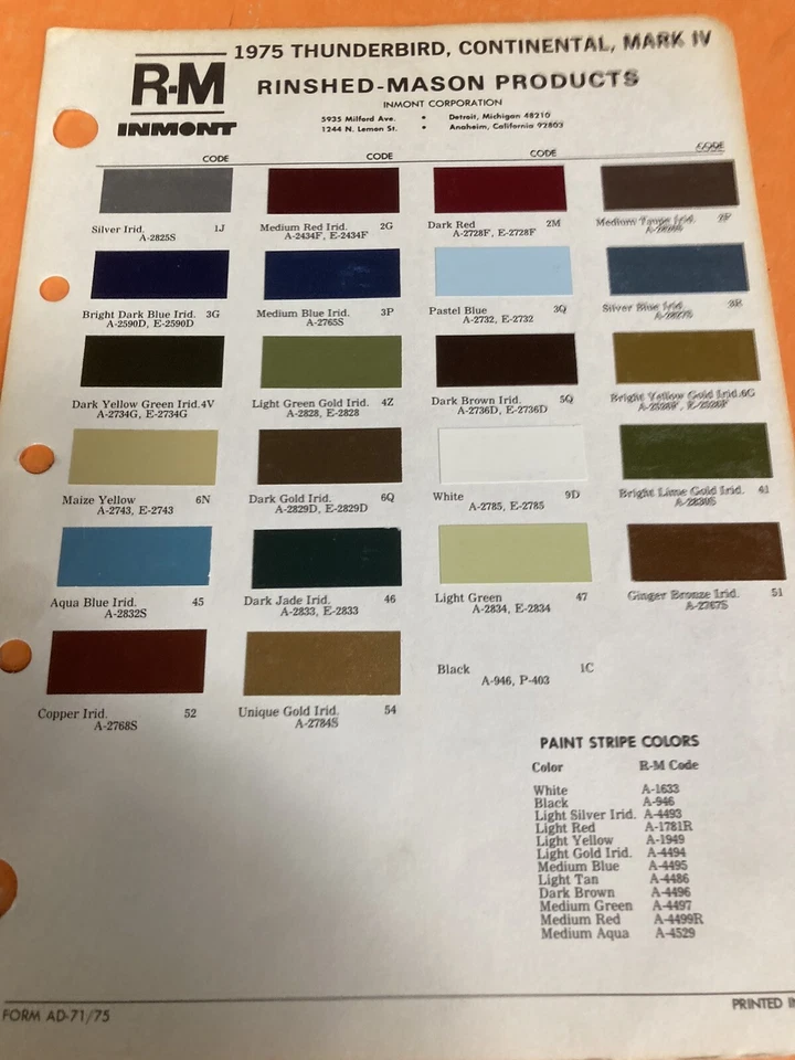 Lincoln 1975, Thunderbird, Mark IV R & M, pintura exterior color chip gráfico hoja Foto 1 de 1