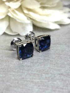 2Ct Cushion Cut Simulated Blue Sapphire Stud Earrings 14K White Gold Plated