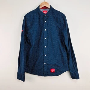Superdry Laundered Cut Collar Shirt Navy Blue White Polka Dot Red Mens XL - Picture 1 of 21
