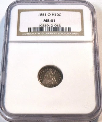 1851 O H10C NGC MS 61 Seated Liberty Silver Half Dime, Uncirculated Better Date - Image 1 of 4
