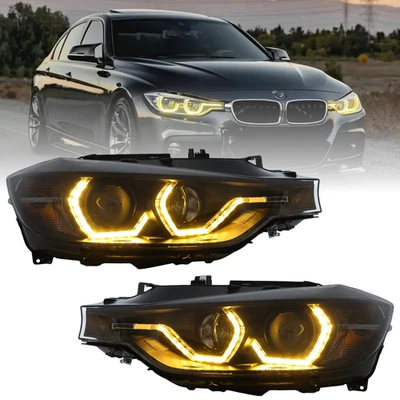 Gelbe LED Angel Eyes Scheinwerfer Set Schwarz für BMW 3er F30 F31 2011–2015 DRL - Bild 1 von 4