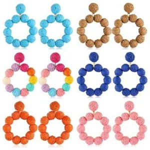 Handmade Bohemia Round Rattan Earrings Wicker Ear Jewelry Summer Beach Accessory - Picture 1 of 33