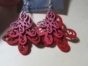 NEW/card unworn 2" round 3" long RED BUTTERFLY pierced earrings - Picture 1 of 4