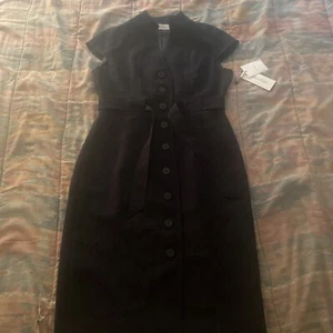 NWT CALVIN KLEIN Womens Black Button Front Cap Sleeve Pencil Midi Dress Size 10P - Picture 1 of 12