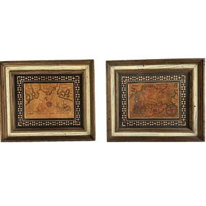 Vtg Pair Sea Maps Leather in Wood Frames Old World Bretaigne 13x11 Nautical Art - Picture 1 of 23