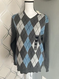 Structure Mens Gray Blue Black Size Medium Argyle Pullover Knit Sweater NEW NWT - Picture 1 of 6
