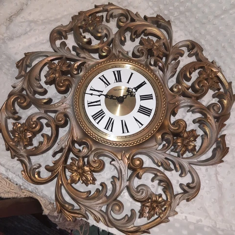 Vintage MCM burwood syroco wall clock floral gold works 22" Cover