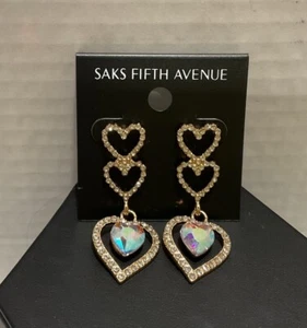 Saks Fifth Avenue Rhinestone Triple Hearts Pierced Dangling Earrings NWT - Picture 1 of 1