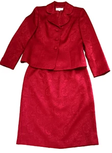 Gonna tuta LeSuit 8 Petite rosso brillante tessuto broccato manica lunga scollo a V foderata usata in ottime condizioni - Foto 1 di 9